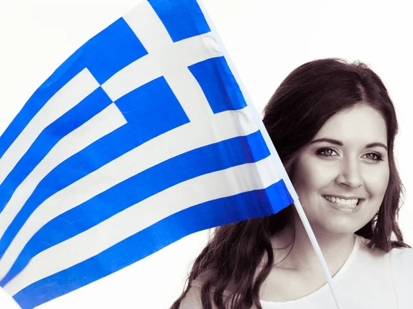 Brunett Lockigt Långt Hår Ung Kvinna Med Grekisk Viftande Flagga — Stockfoto