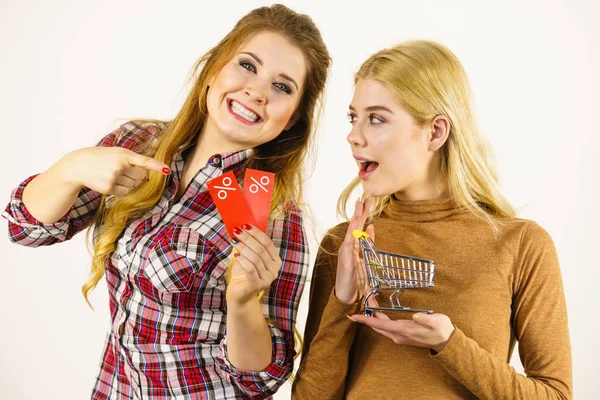 Duas Mulheres Segurando Carrinho Compras Venda Etiqueta Sinal Percentual Fêmeas — Fotografia de Stock