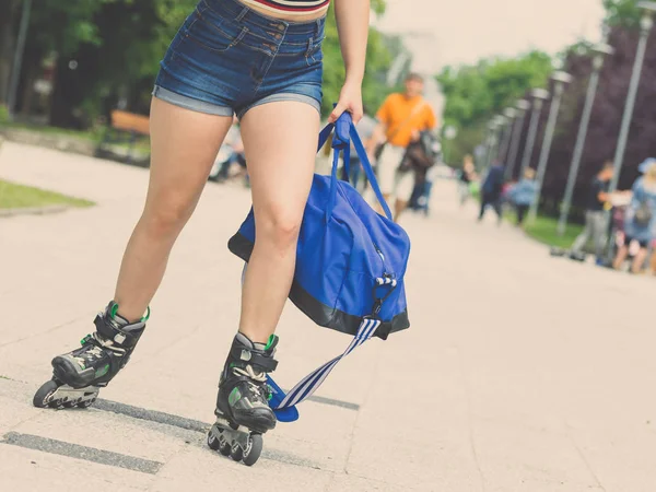 Sexy Woman Slim Legs Wearing Roller Skates Standing Sport Activity — Stock Photo, Image