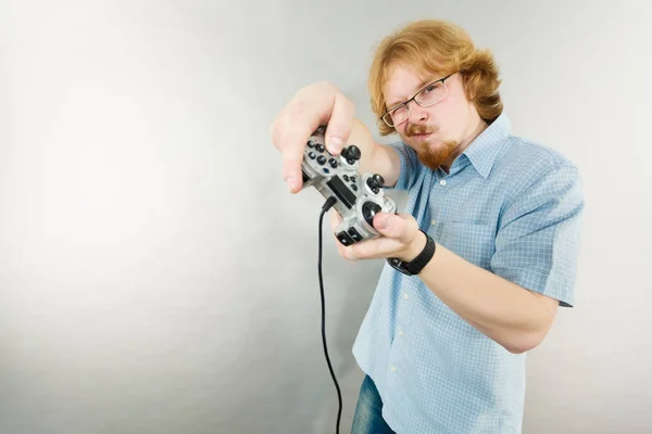 Nerd Geek Young Adult Man Playing Video Console Holding Game — Stock Photo, Image