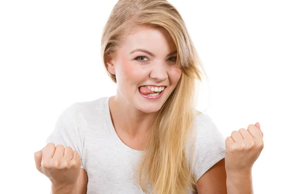 Success Achievement Winning Concept Happy Positive Blonde Woman Clenching Fists — Stock Photo, Image