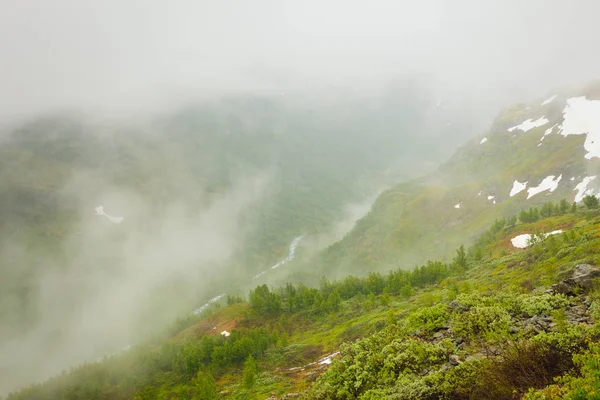 Norweski Malownicze Góry Krajobraz Lato Mglisty Deszczowy Dzień Rowerowej Obszar — Zdjęcie stockowe