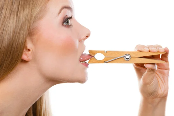 Language Barrier Rumors Problems Expressing Concept Blonde Woman Having Tongue — Stock Photo, Image