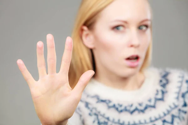 Denial Rejection Gestures Concept Blonde Woman Making Stop Gesture Open — Stock Photo, Image