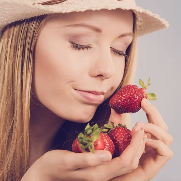 Young Woman Closed Eyes Smelling Fresh Strawberry Fruit Grey Healthy — Stock Photo, Image