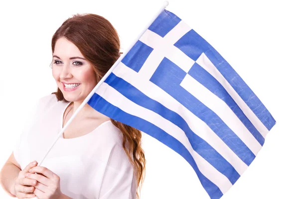 Μελαχρινή Σγουρά Μακριά Μαλλιά Νεαρή Γυναίκα Ελληνική Κυματιστή Σημαία Εθνικό — Φωτογραφία Αρχείου