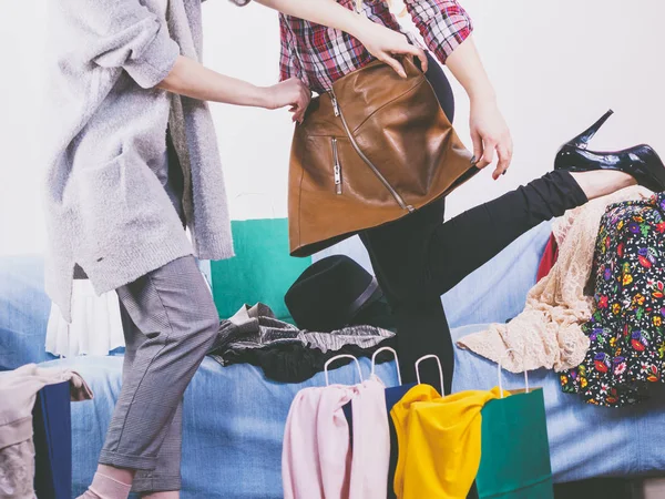 Two Happy Joyful Women Having Fun Shopping Picking Outfit Closet — Stock Photo, Image
