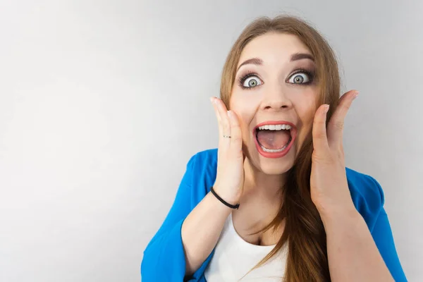 Close Funny Woman Expression Female Lady Being Surprised Shocked Having — Stock Photo, Image