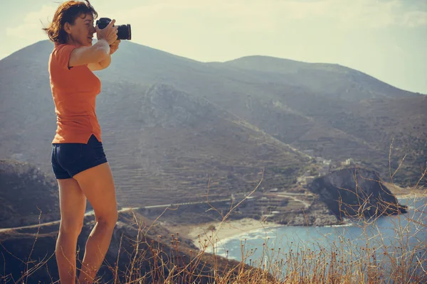 Tourism Vacation Travel Woman Tourist Nature Taking Photo Camera Mani — Stock Photo, Image