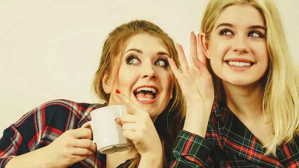 Dos Amigas Sentadas Juntas Sofá Charlando Chismorreando Tomando Café Divirtiéndose —  Fotos de Stock