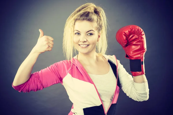 Sporty Happy Woman Wearing Red Boxing Gloves Showing Positive Gesutre — Stock Photo, Image
