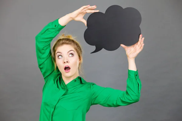 Shocked Astonished Business Woman Wearing Green Shirt Black Thinking Speech — Stock Photo, Image