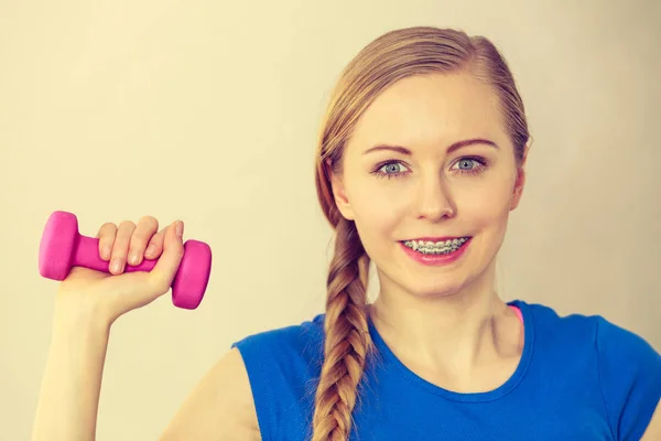 Teenage Young Woman Working Out Home Small Light Dumbbells Training — Stock Photo, Image