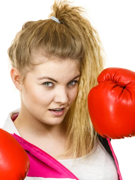 Sporty Woman Wearing Red Boxing Gloves Fighting Studio Shot White — Stock Photo, Image