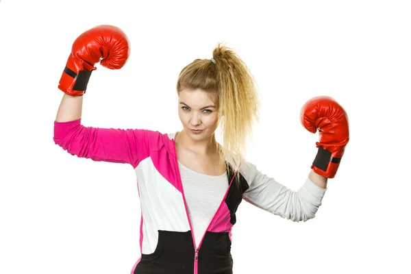 Sporty Woman Wearing Red Boxing Gloves Winning Fight Being Motivated — Stock Photo, Image