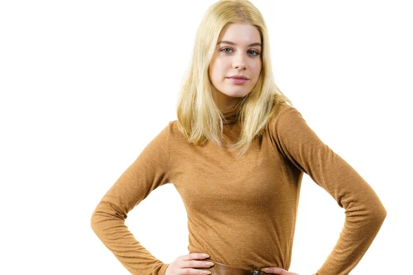 Beautiful Pretty Woman Wearing Brown Golf Suede Top Female Having — Stock Photo, Image