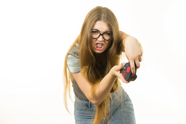 Jonge Emotionele Volwassen Vrouw Spelen Video Console Holding Pad Wordt — Stockfoto