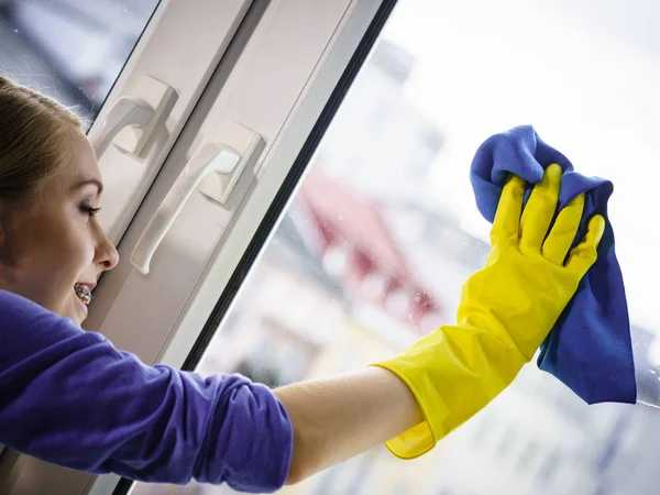 Young Woman Yellow Gloves Cleaning Window Pane Home Rag Spray — Stock Photo, Image