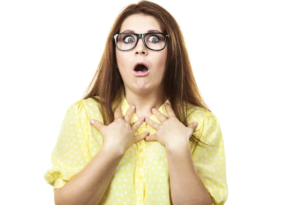 Shock Face Expressions Concept Shocked Amazed Woman Gesturing Hands Seeing — Stock Photo, Image