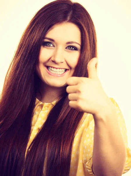 Portrait Beautiful Young Woman Long Brown Hair Female Being Positive — Stock Photo, Image