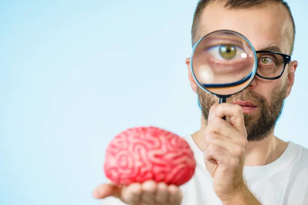 Hombre Nerd Adulto Con Anteojos Mirando Modelo Cerebro Humano Conjunto —  Fotos de Stock