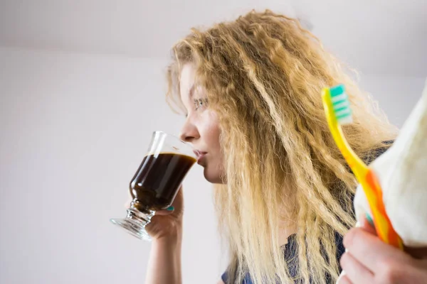 Funny Woman Holding Black Coffee Toothbrush Being Late Getting Morning — Stock Photo, Image