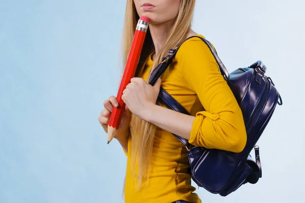 Teenage Girl Going School College Wearing Backpack Holding Big Pencil — Stock Photo, Image