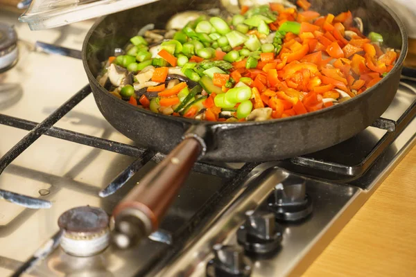 Dieting Eating Preparing Food Concept Many Chopped Healthy Vegetables Frying — Stock Photo, Image