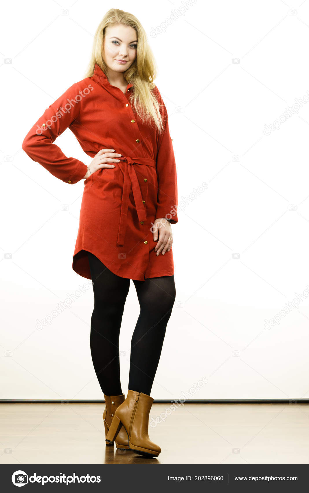 Fashionable Woman Wearing Long Red Vintage Dress Black Leggings Brown Stock  Photo by ©Voyagerix 202896060