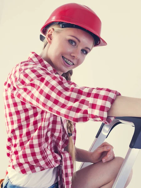 Happy Joyful Woman Wearing Helmet Checked Shirt Being Positive Construction — Stock Photo, Image