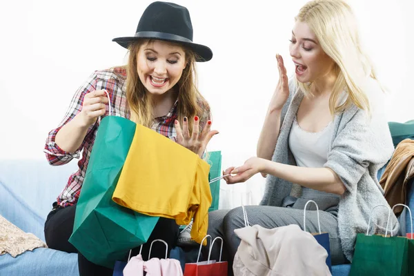 Two Happy Joyful Women Having Fun Shopping Picking Outfit Closet — Stock Photo, Image