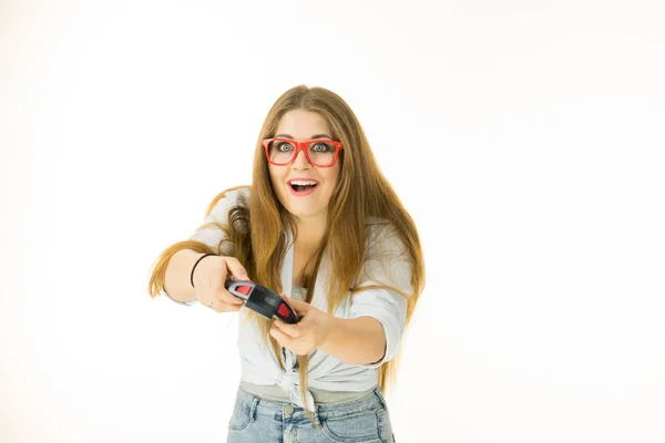 Jovem Mulher Adulta Jogando Console Vídeo Segurando Almofada Jogo Gaming — Fotografia de Stock