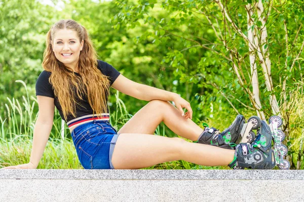 Happy Joyful Young Woman Wearing Roller Skates Sitting Town Female — Stock Photo, Image