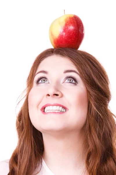 Mulher Jovem Fêmea Segurando Grande Fruta Maçã Verde Vermelha Cima — Fotografia de Stock