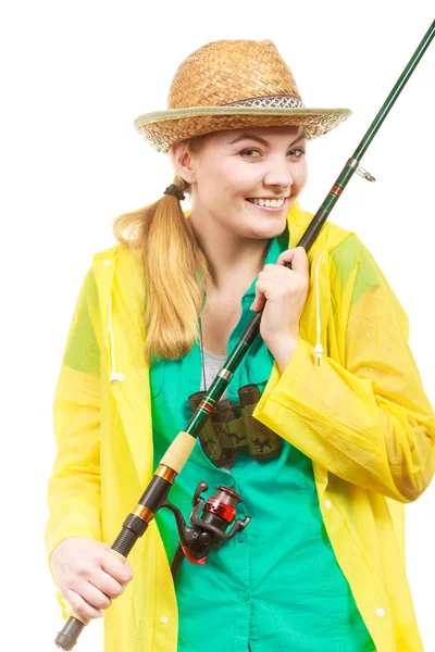 Pesca Equipamento Fiação Pesca Desportiva Conceito Actividade Mulher Com Vara — Fotografia de Stock