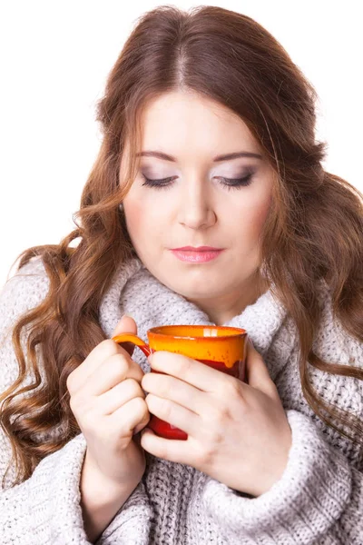 Woman Wearing Warm Clothing Grey Sweater Holding Nice Red Mug — Stock Photo, Image