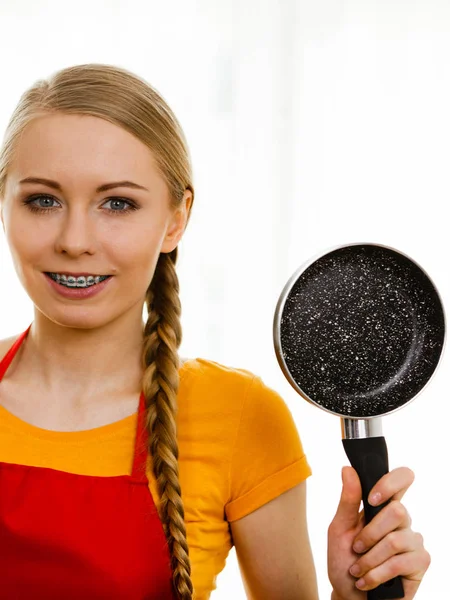 Happy Cheerful Young Woman Wearing Apron Holding Small Cooking Pan — Stock Photo, Image