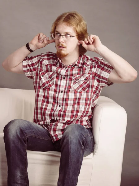 Man Being Annoyed Loud Noise Having Fingers Ears Pretending Deaf — Stock Photo, Image