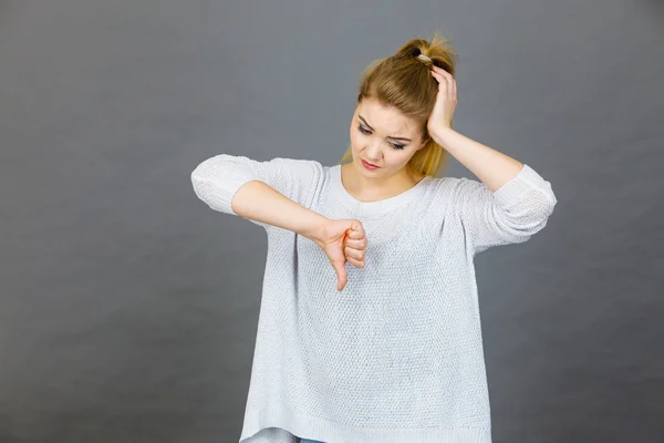 Dislike Failure Gestures Concept Sad Woman Showing Thumb Gesture Studio — Stock Photo, Image