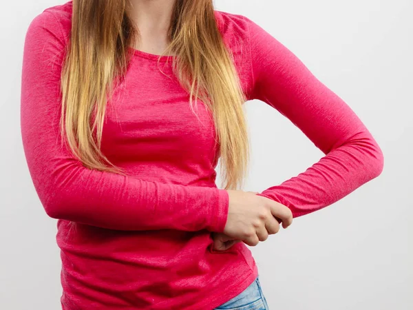 Part Body Female Chest Hips Girl Wearing Pink Blouse Long — Stock Photo, Image