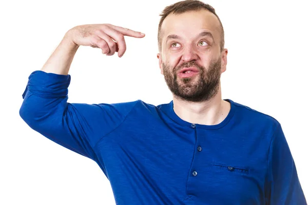 Homem Adulto Confuso Busca Solução Pensando Algo Apontando Sua Cabeça — Fotografia de Stock