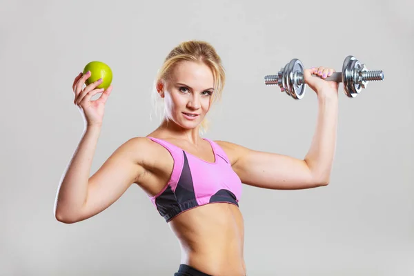 Sporty Fit Woman Holding Heavy Dumbbells Weights One Apple Fruit — Stock Photo, Image