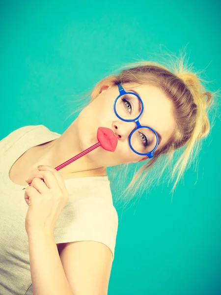 Lovely Sweet Woman Casual Style Nerdy Glasses Holding Red Fake — Stock Photo, Image