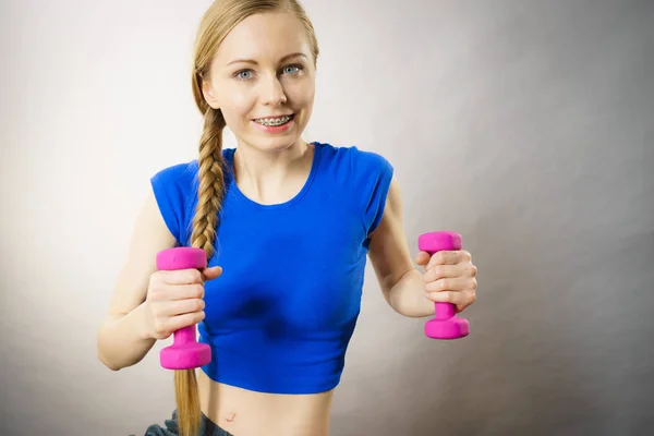 Teenage Young Woman Working Out Home Small Light Dumbbells Training — Stock Photo, Image