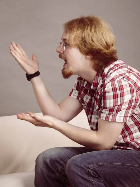 Angry Young Man Talking Somebody Having Argue Fight Quarrel — Stock Photo, Image