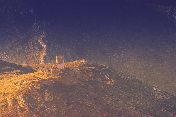 Grécia Península Mani Casa Torre Pedra Estilo Tradicional Colina Paisagem — Fotografia de Stock