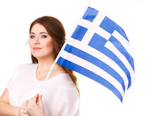 Brunett Lockigt Långt Hår Ung Kvinna Med Grekisk Viftande Flagga — Stockfoto