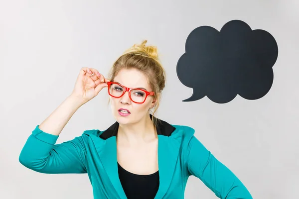 Business Woman Wearing Blue Jacket Eyeglasses Intensive Thinking Finding Great — Stock Photo, Image