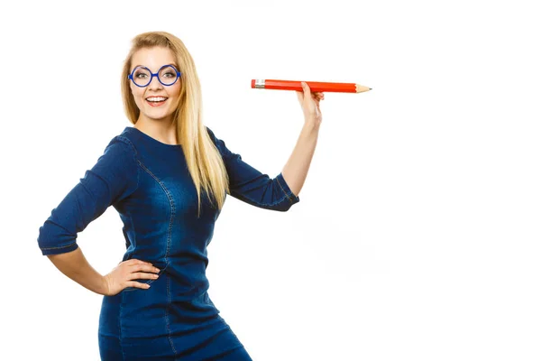 Positive Smiling Woman Blonde Student Girl Female Teacher Holding Big — Stock Photo, Image