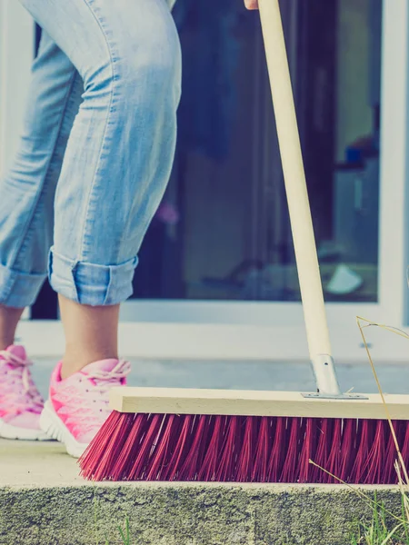 Unrecognizable Female Person Using Big Broom Clean Backyard Patio — Stock Photo, Image